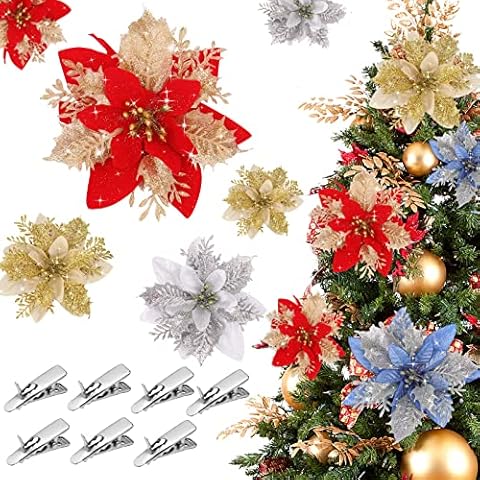 Christmas Glitter Poinsettia Faux Flowers Christmas Tree Ornaments Decorations with Clips for Xmas New Year Wedding Party, 15cm/5.9in(Muticolor) Cover
