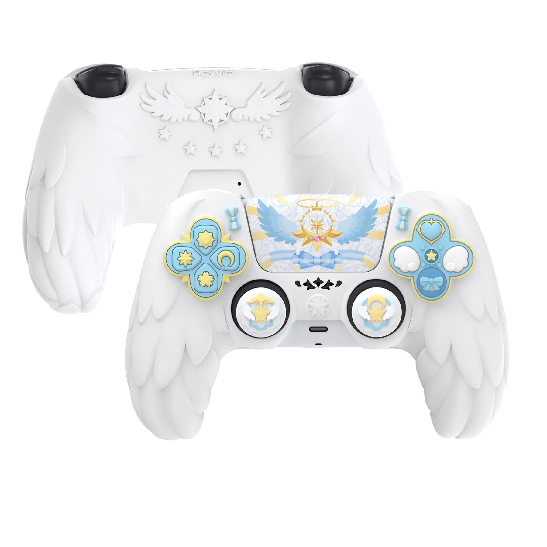 playvital Cover Controller per ps5 Joystick Custodia Silicone Skin Protettivo Grip Antiscivolo & Copri Analogici & Adesivi Carini, Adatto per ps5 Base di Ricarica, Ali Magiche-Bianco