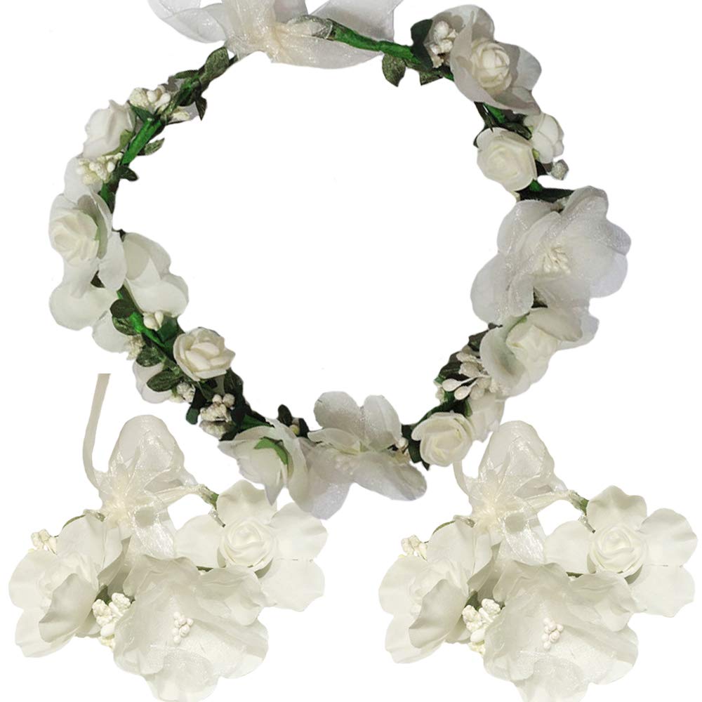 WLBON 3 Pcs Flower Headband Wristbands Rose Floral Leaf Hair Hoops Bands Headpiece Hairband Bracelets Women Xmas Wedding Halloween Parade Hawaiian Cosplay Dress Up Birthday Party Accessories Beige