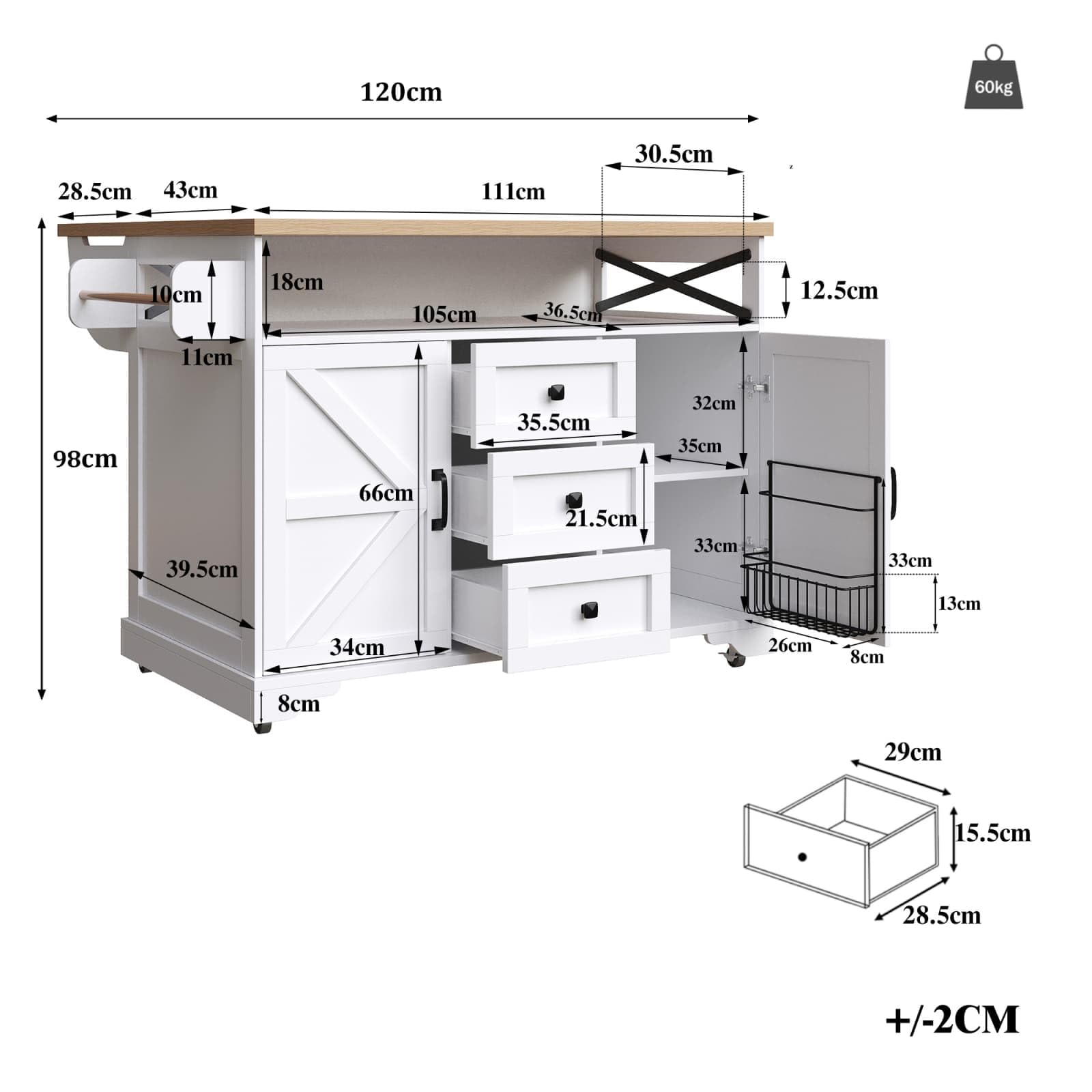 KOMHTOM Îlot de Cuisine Multifonctionnel 102 x 45 x 92 cm, Armoire de Cuisine avec 2 Tiroirs, 2 Portes, Porte-Serviettes Latéral, Porte-Bouteilles et Séparateurs Réglables (Blanc-J)