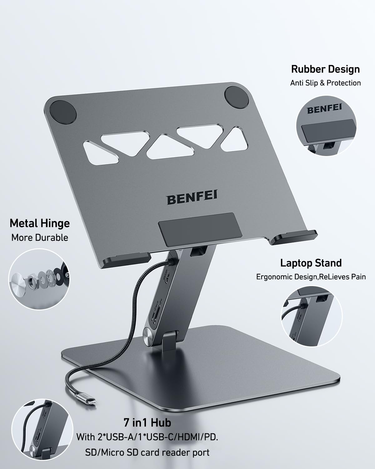 BENFEI Support pour ordinateur portable avec Station d'accueil USB C 7en1, HDMI 4K@60Hz, 100W PD, 10Gbps USB C 3.2 & USB A 3.2 Compatible MacBook Pro Air iPad Pro XPS Thinkpad