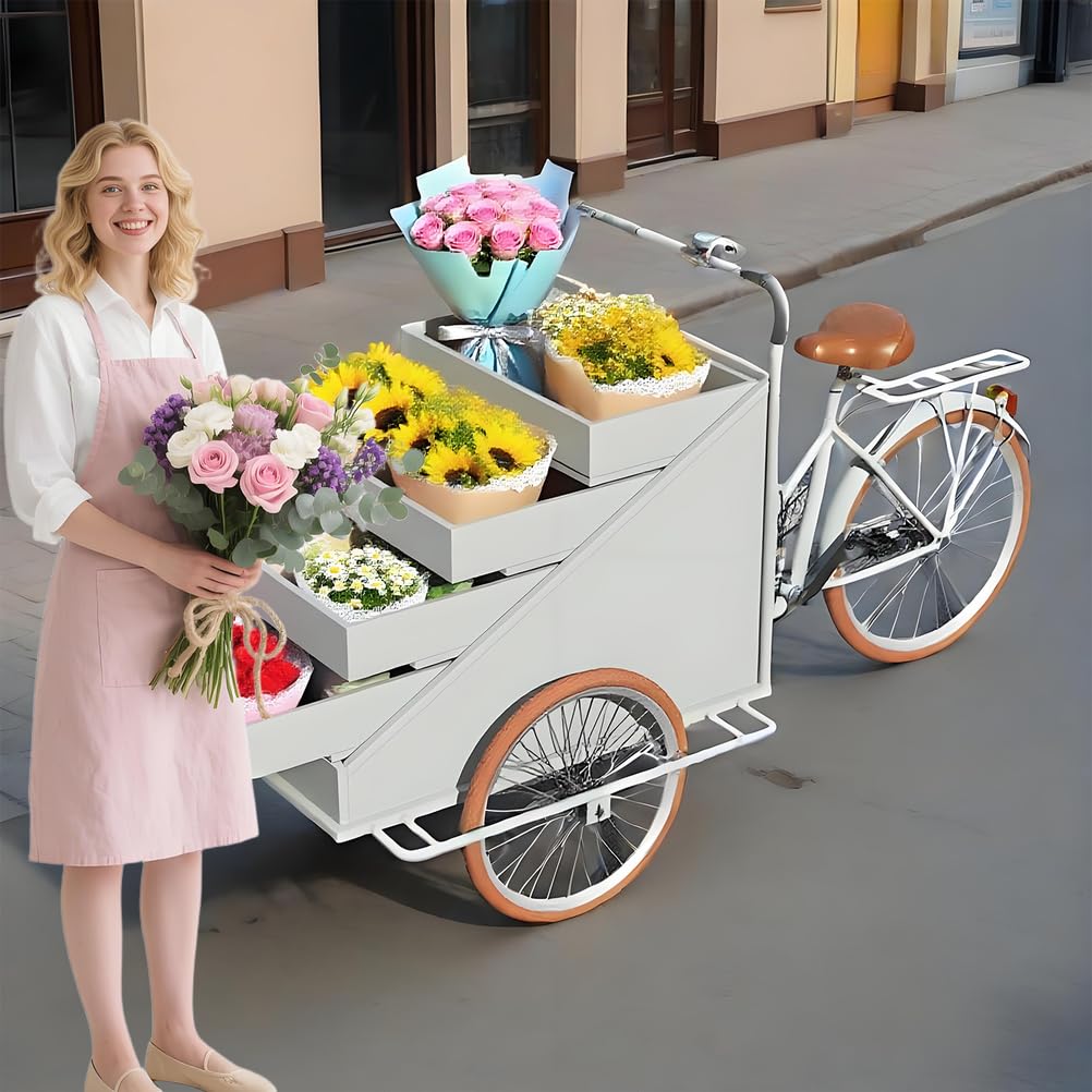 Carrito de Venta Ambulante de Comida móvil de Gran tamaño con Triciclo, para Plantas con Estante de exhibición Abierto de 4 Capas, para Venta minorista y Entrega a Domicilio