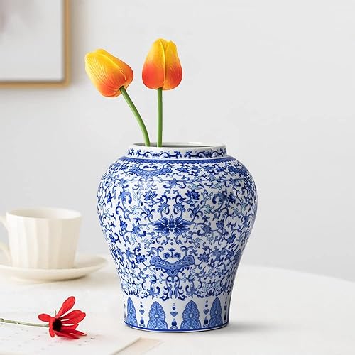 Miniatura 5 de Pequeño tarro de jengibre de cerámica para decoración del hogar, jarrón de jengibre con tapa, patrón de loto azul y blanco