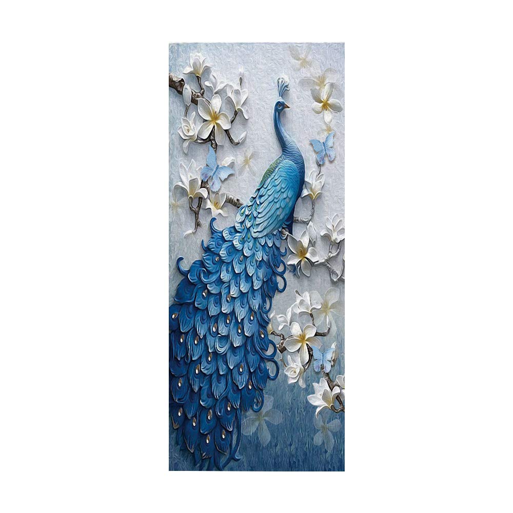 Sticker poster porte trompe l'oeil 3D cuisine et salon décor paon PVC