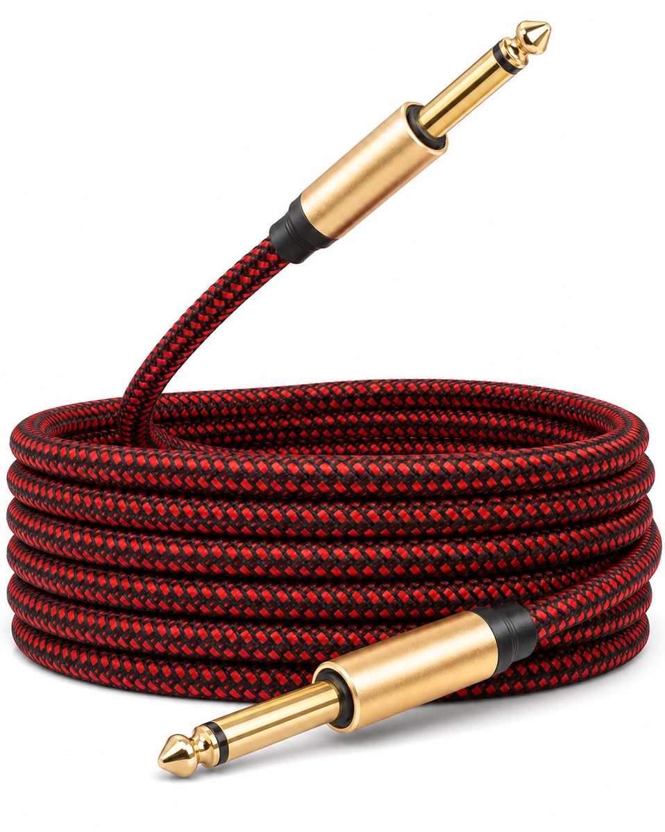 Kabel gitarowy 6,35 mm TS do 6,35 mm (1/4) TS do 6,35 mm (1/4) TS męski na męski z obudową ze stopu cynku i plecionym nylonowym kablem do gitary 6,35 mm