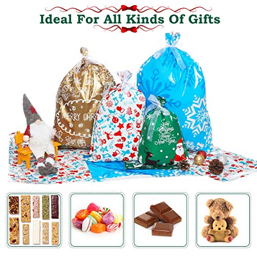 Large Gift Wrapping Bags, Godmorn 30Pcs Xmas Present Wrapping Bag with Ribbon Ties 4 Sizes 4 Pattern, Gold Blue White Green, Big Holiday Treats Party Favor Pouch Goody Bag
