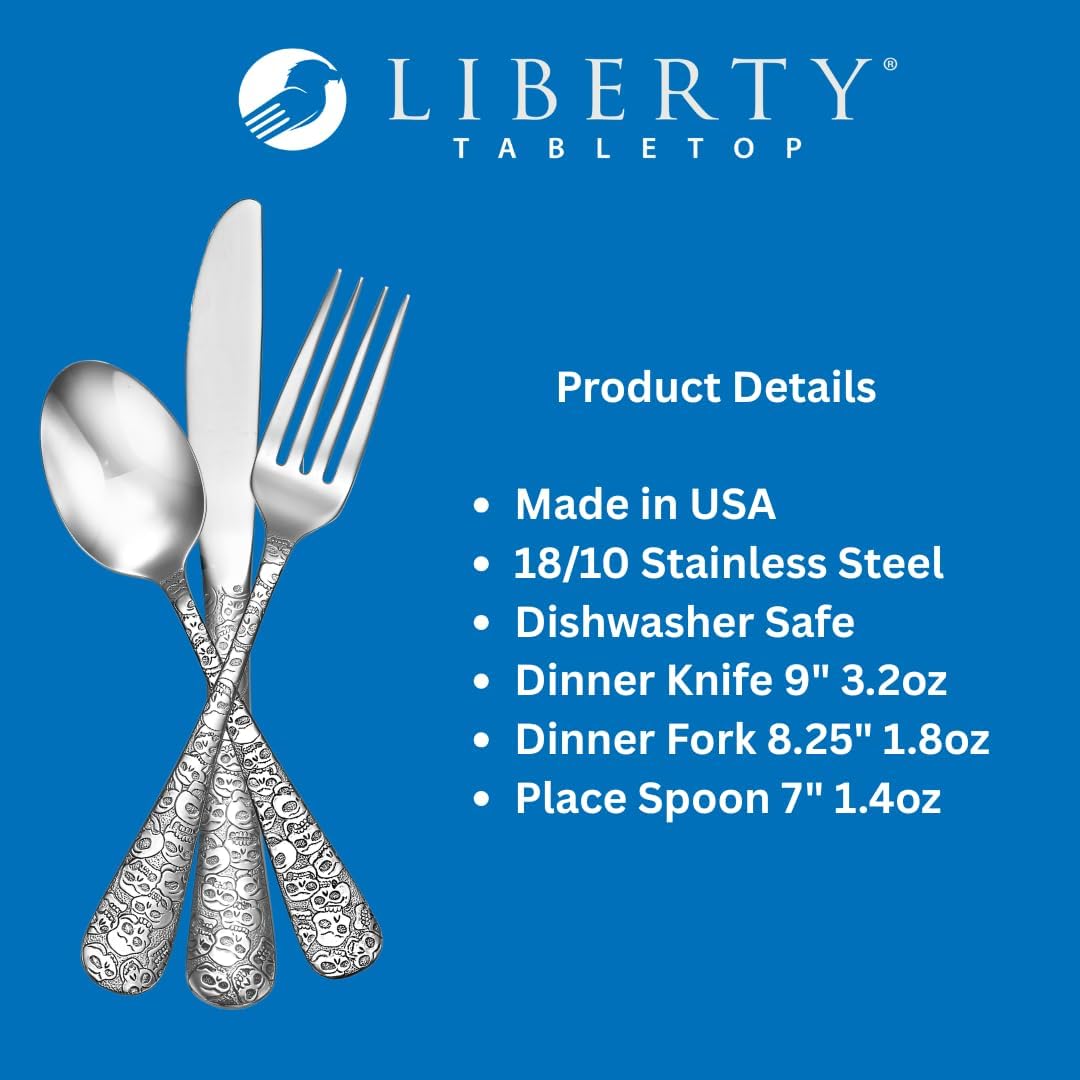 Liberty Tabletop Calavera (Skull) 24 Piece Flatware Set, Service for 8, 18/10 Stainless Steel, Silverware Set, Made in USA