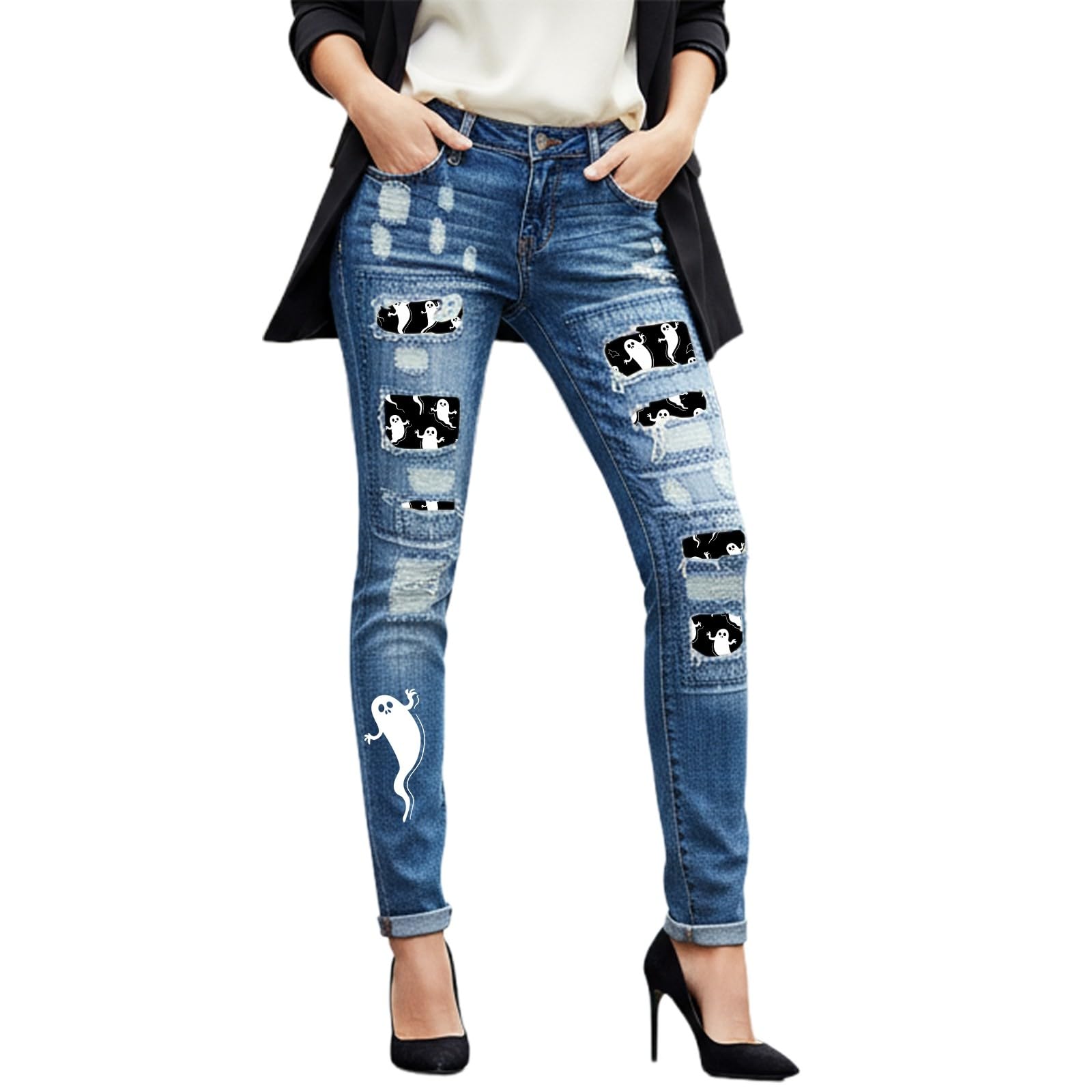 Generico Jeans Skinny Boyfriend Strappati per Halloween con Patchwork Scozzese e Design Senza Strappi