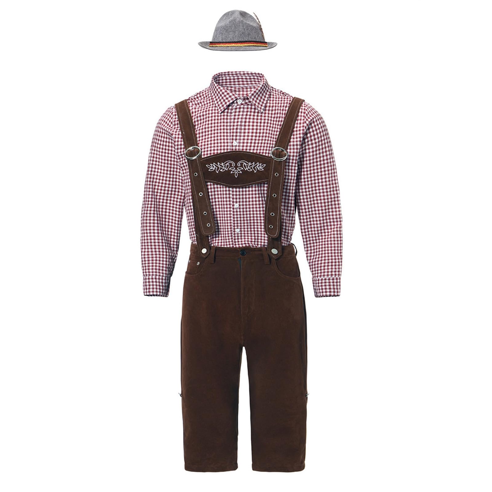 Lederhose Herren Kurz,Lederhosen Tracht Herren Oktoberfest Outfit Mit LäTzchenträGer Kariertes Hemden Und Bayerischen FilzhüTe Dunkelbraun Trachtenhose Pflegeleicht Trachtenlederhosen