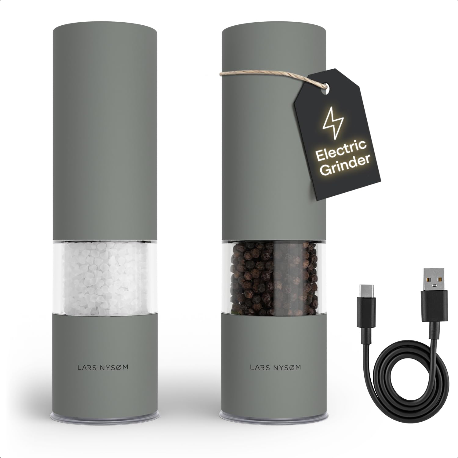 LARS NYSØM Electric Salt and Pepper Grinder Set I Automatic Salt and Pepper Mills with Adjustable Ceramic Grinder I USB Rechargeable Electric Spice Mill Set with LED Light (Ash Gray)