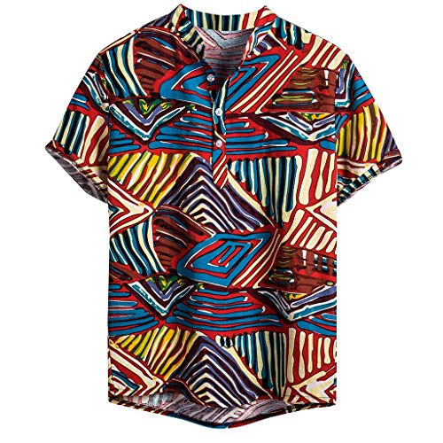 Misaky Shirts for Men Summer Hawaii Beach Color Print Cotton Hemp Lapel Short Sleeve Plus Size Tops Blouse Tee(Multicolor,L)