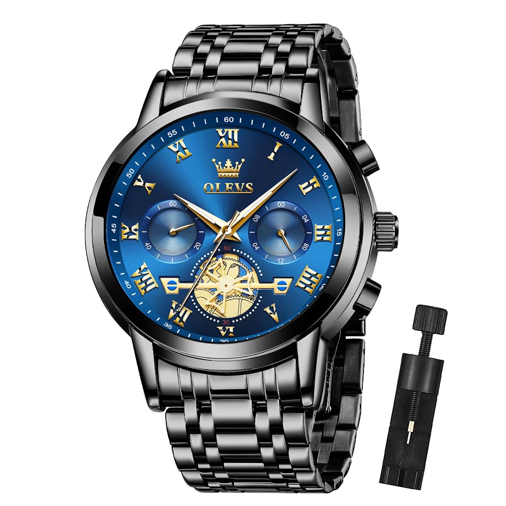 OLEVSMen Skeleton Watches Stainless Steel Analog Quartz Moon Phase Male Watch, Diamond Multi Calendar Chronograph Watch,Waterproof Wrist Watch for Men