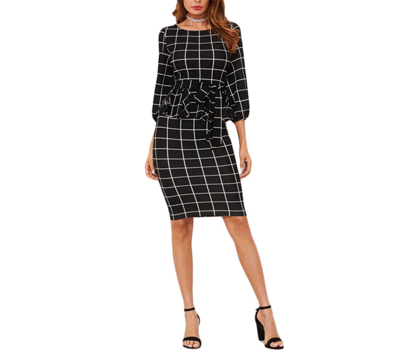 Sianze Plaid Bodycon Dress Tie Waist Bow Winter Dresses Women New Pencil Party Dresses Ladies Work Midi Dress Black S
