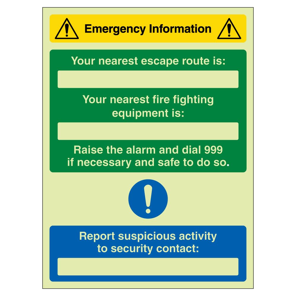 V Safety Emergency Information - Nearest Escape Route/Fire Fighting Equipment Is 300 x 400 mm - Glow In The Dark Self Adhesive Vinyl Safety Sign
