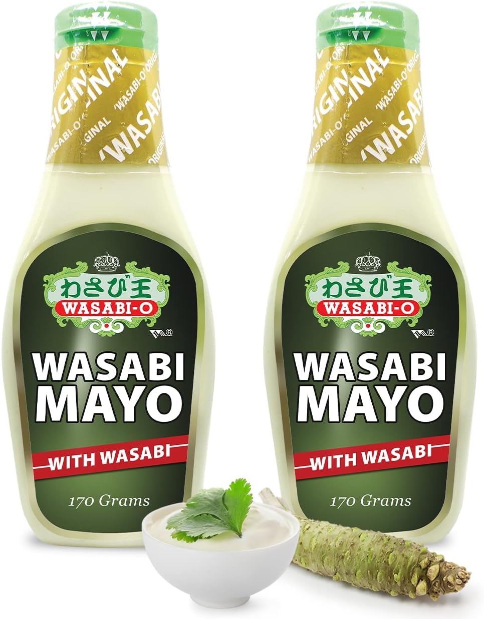 Wasabi Mayo by Wasabi-O - Spicy Japanese Mayonnaise - Smooth & Zesty - Perfect for Sushi, Burgers, Dipping & BBQ - 2 x Squeeze Mayo Bottles 6 Oz