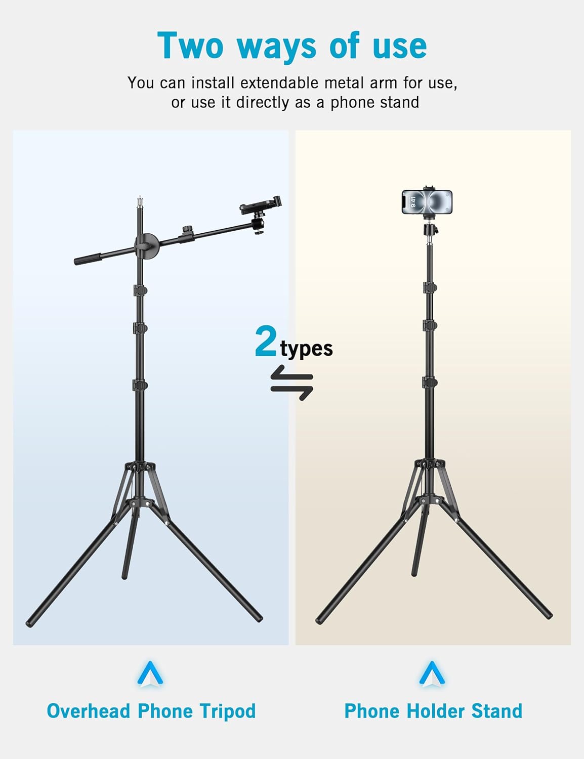 Overhead Tripod for iPhone, 64" Phone Tripod Stand with 25" Long Extendable Arm & Remote, 360° Rotating Overhead Phone Mount for Video Recording, Live Streaming, Cooking