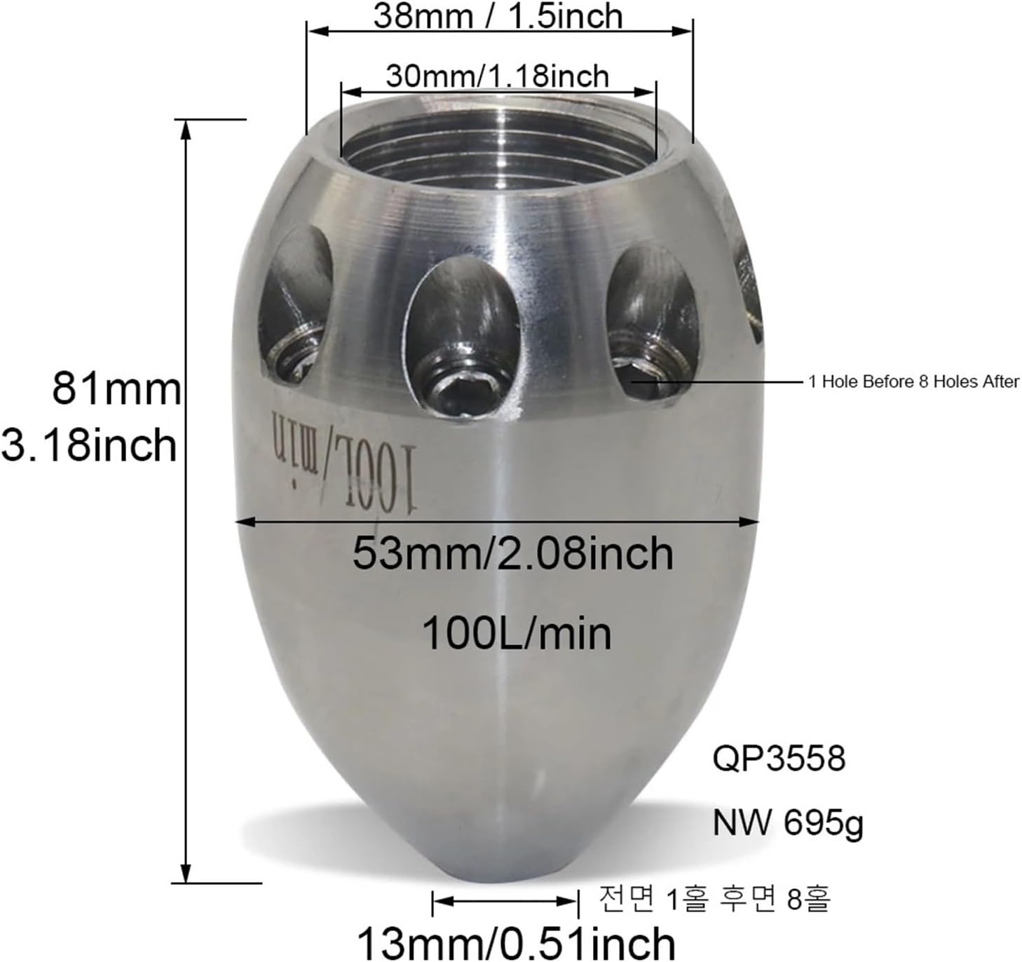 Industrial Machinery High-pressure Nozzle, 30mm/1.18inch Inner Thread, Front 1 Hole Rear 8 Holes, 100L/min, High Pressure Cleaning Machine Nozzles