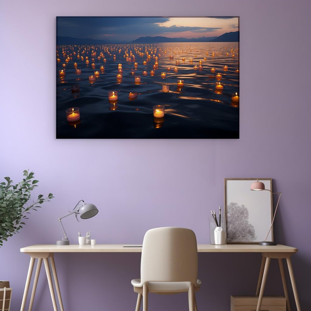 Canvas for Living Room. Floating Serenity: Candles Light Up The Calm Waters, 27 x 18 inch Canvas Wall Art - Contemporary Masterpieces - Modern Home Decor
