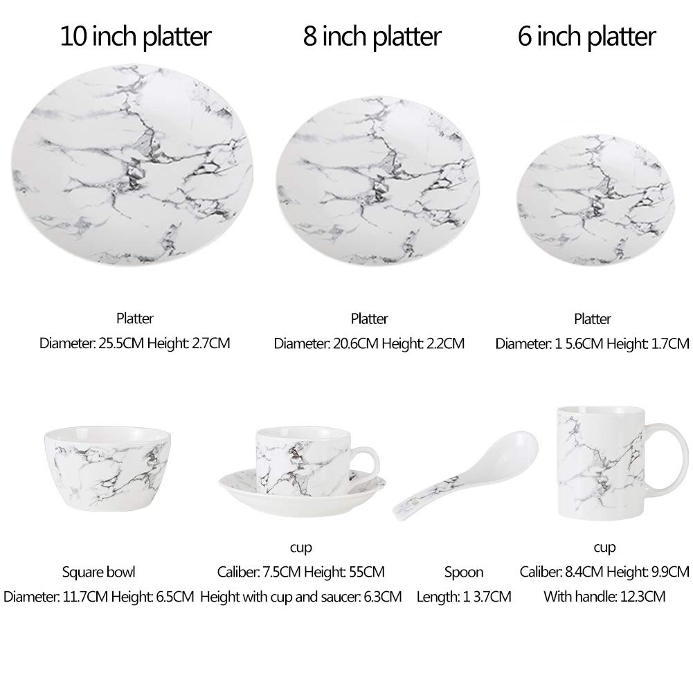 Zestaw obiadowy 7-częściowy klasyczny marmurowy porcelanowy serwis obiadowy okrągłe talerze obiadowe talerze sałatkowe talerze stek miski kubki