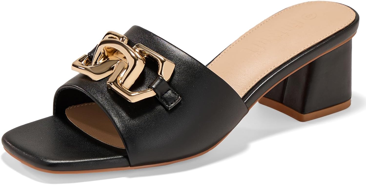 Women's Raffia Slide Sandals Square Open Toe Sandal Chunky Heeled Metal Chain Dressy Shoes