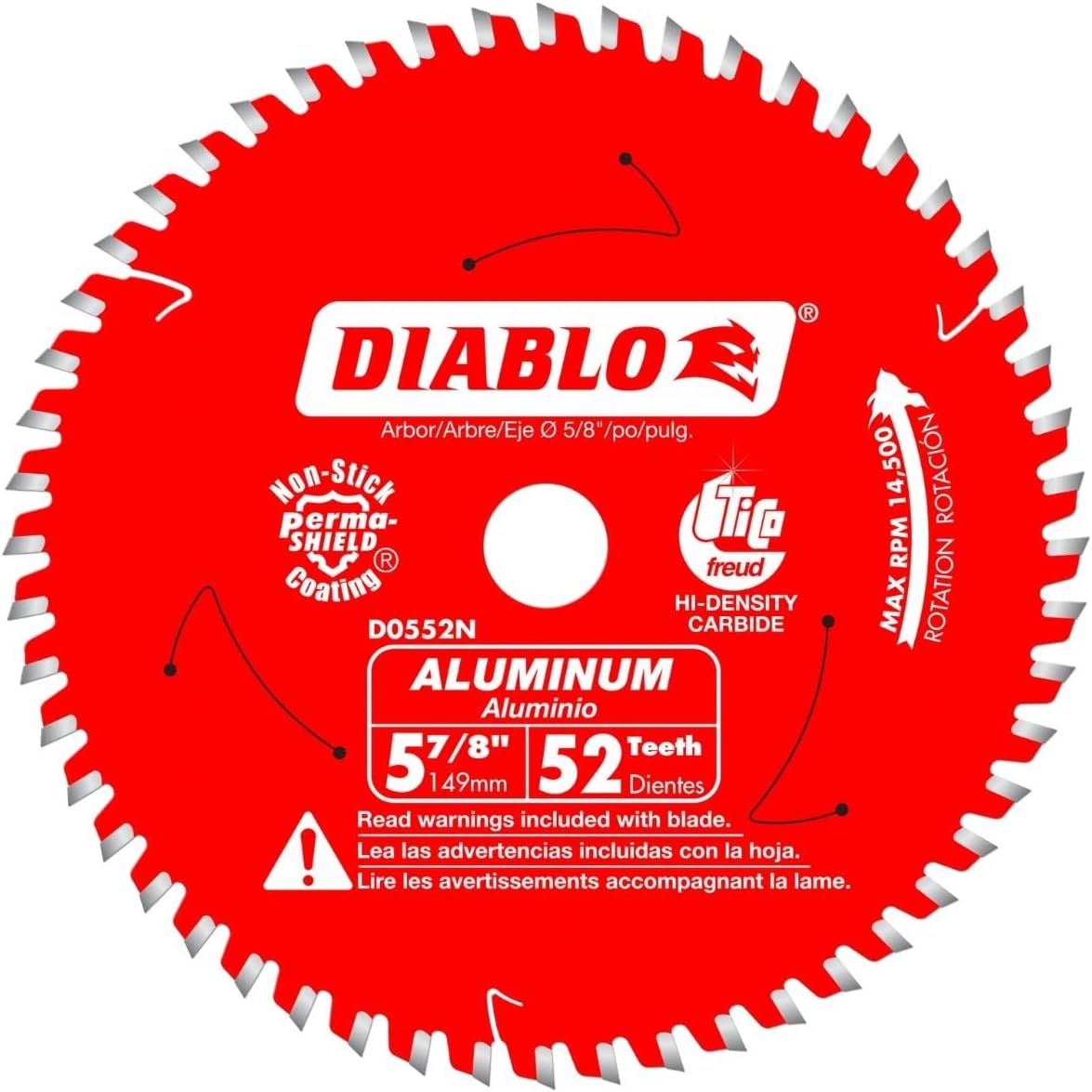Diablo Saw Blade for Medium Aluminum - 5 - 7/8" Diameter, 52 TCG Teeth, 5/8" Arbor, .061" Kerf, -5° Hook Angle, .039" Plate, 14500 Max RPM - D0552N