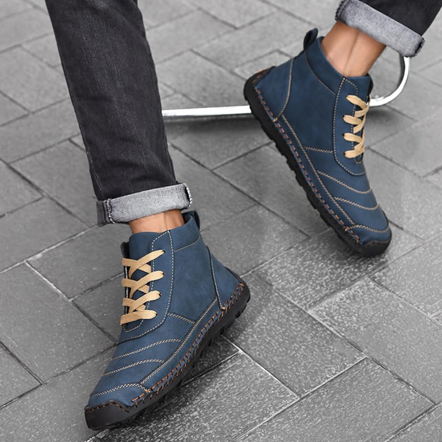 Image of Men's Casual Leather Handmade High Boots Fashion Lace-Up Non-Slip Sneakers Outdoor Comfort Retro Walking Driving Ankle Chukka Bootie