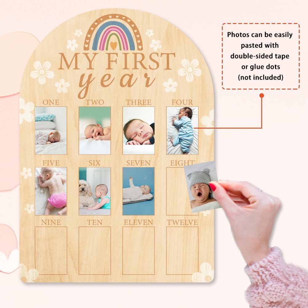 ORIGACH My First Year Baby Growth Photo Display Wood Board - 12 Months Newborn Milestones Picture Frame - Neutral Baby 1st Birthday Decorations for Boy Girl Nursery Decor - Rainbow and Flower Pattern