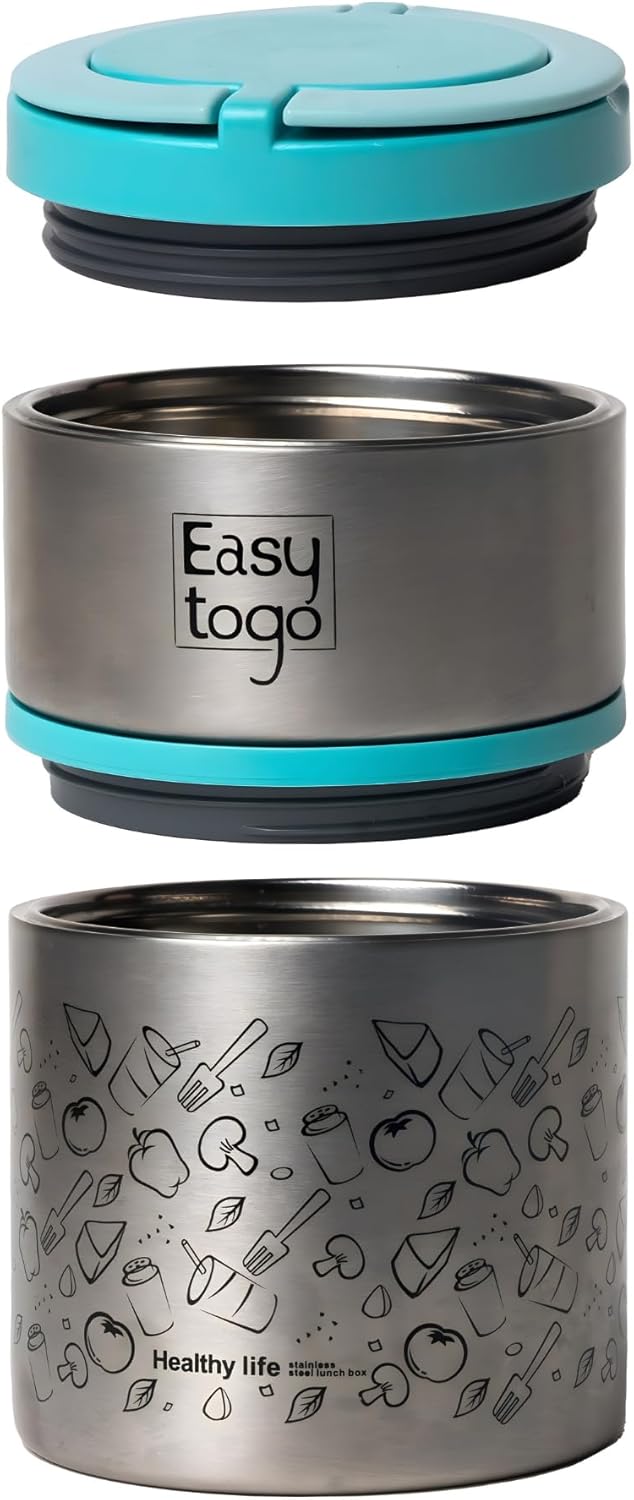Easy Togo 2-Tier Stainless Steel Lunch Box – 32oz Insulated Stackable Food Container – Portable Thermal Bento Box for Adults, Men & Women – Blue