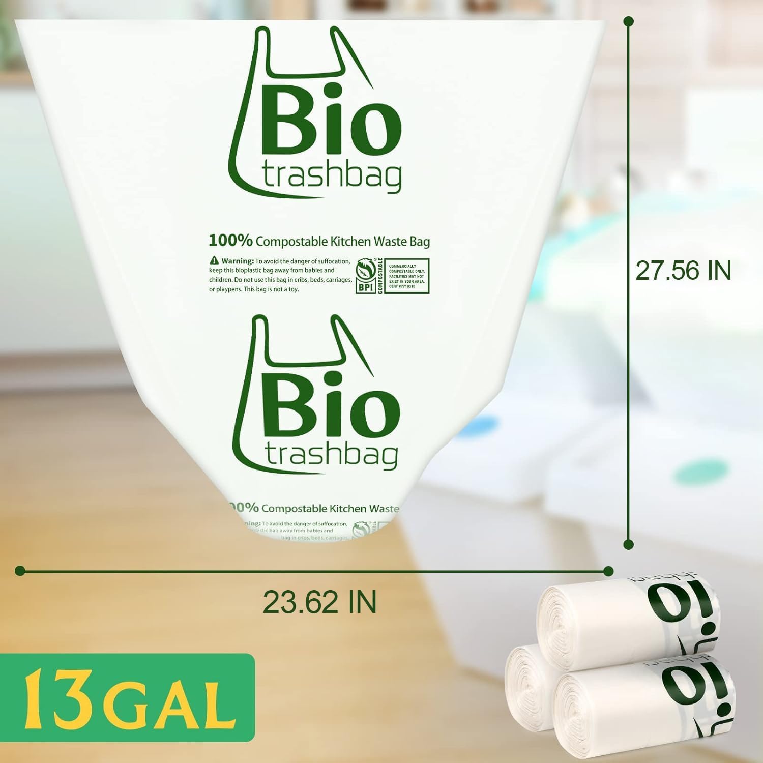 13 Gallon Compostable Trash Bags, 50 Count Biodegradable Tall Kitchen Large Garbage Bags, 49.2 Liter Food Waste Bags, Extra Thick Compost Bags for Countertop Bin, Kitchen, Office