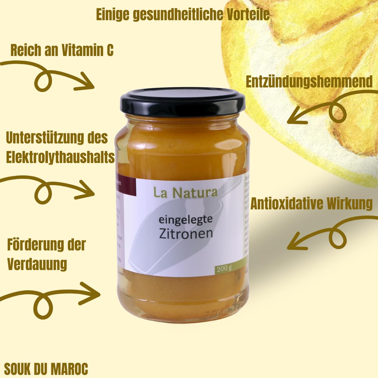 Marokkanische eingelegte Salzzitronen 200g | Original aus Marokko | Perfekt für die Nordafrikanische Küche & Feinschmecker Tajine | Salzzitronen im Glas | von La Natura (Packung mit 2)
