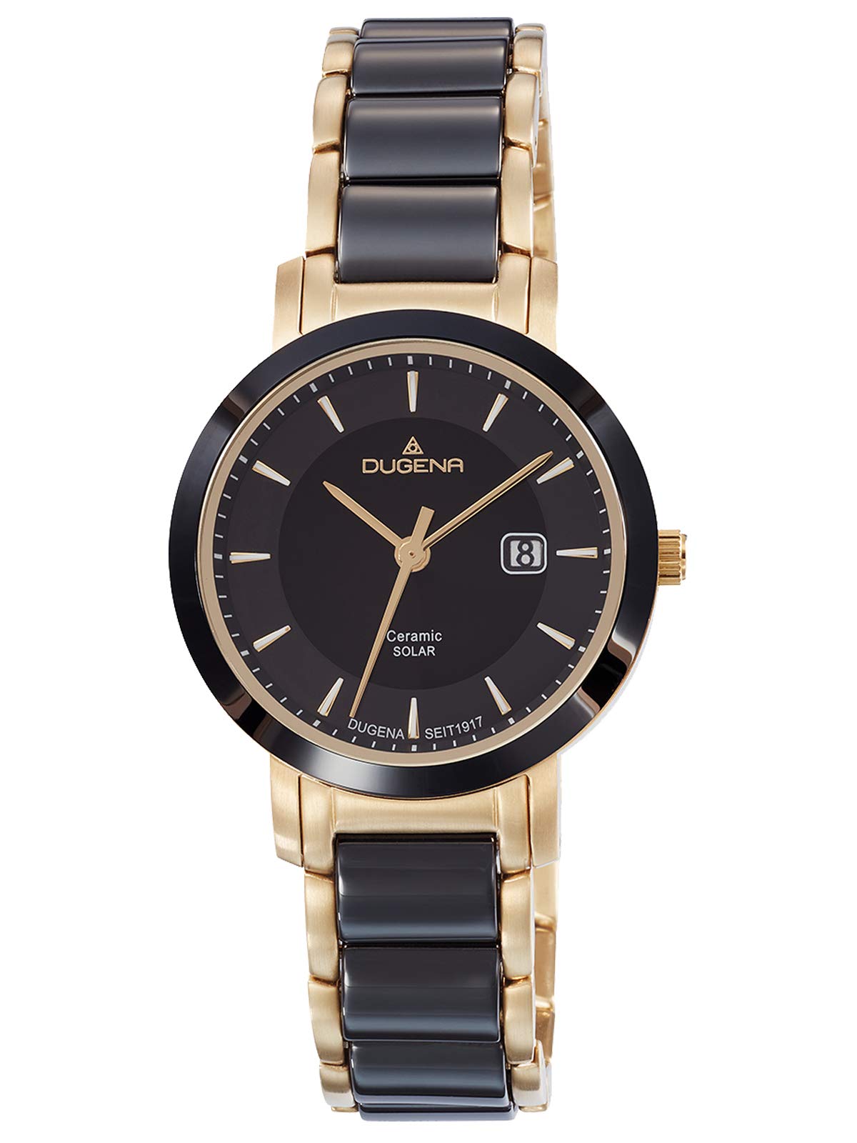 Dugena Damen-Armbanduhr 4461008 Ceramic Solar, Quarz, Solarbetrieb, schwarzes Zifferblatt, Keramik-Edelstahlgehäuse, Mineralglas, Keramik-Edelstahlarmband, Drückerfaltschließe, 5 bar