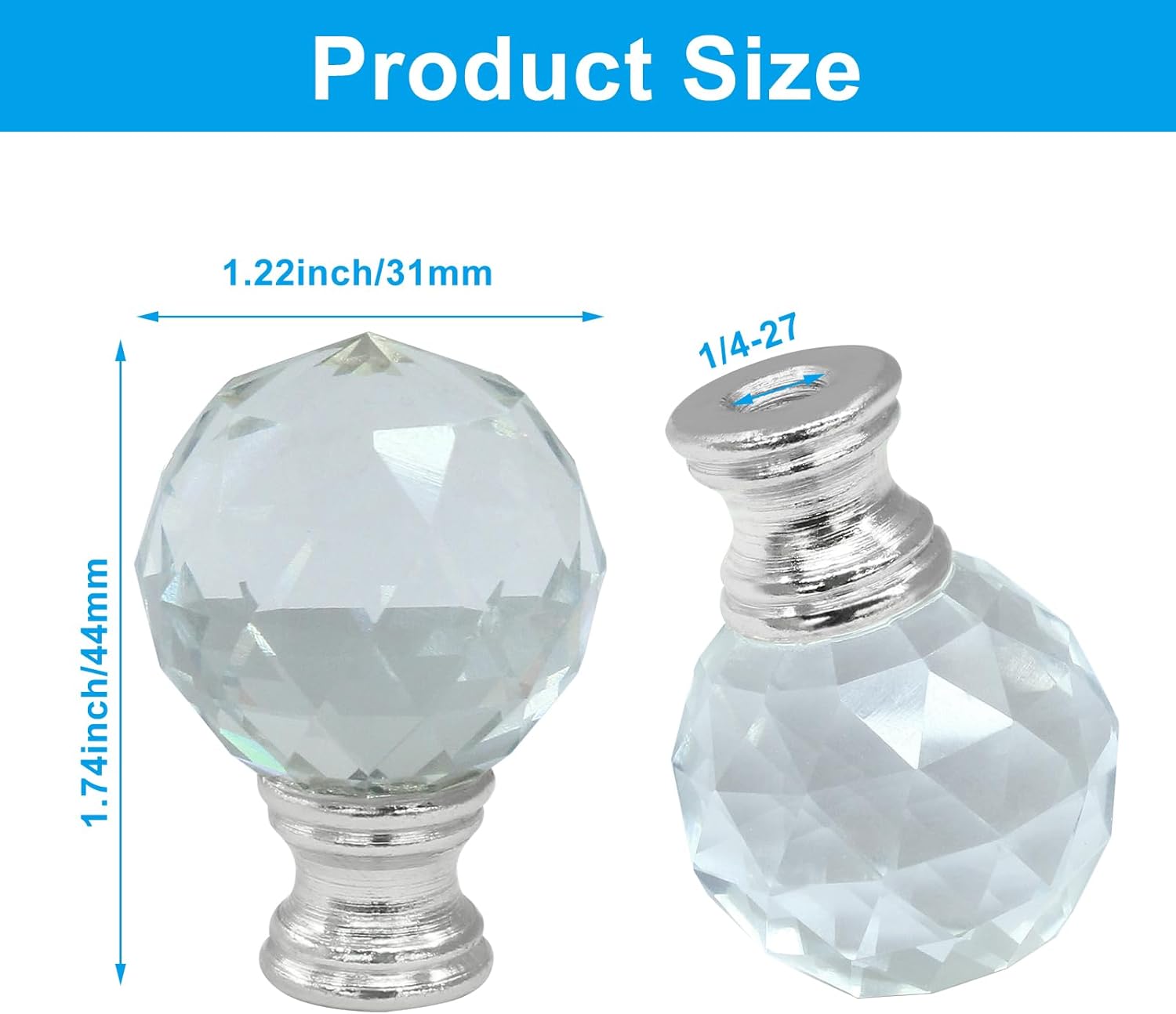 Diamond Crystal Glass Lamp Finials, Clear Lamp Shade Top Screw Cap Knob for Decoration - 2Pcs Silver