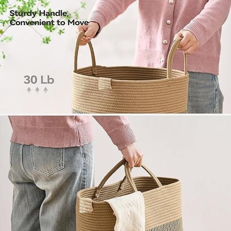 Image of Storage Cotton Rope Basket and Laundry Hamper for Dirty Clothes, Towels, Blankets, Pillows Storage in Living Room, Laundry Room and Bedroom (Beige & Mix, 15x18 Inch)