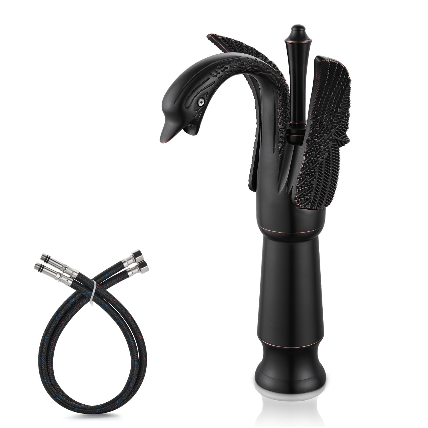 Cinwiny Oil-Rubbed Bronze Swan Faucet - Oil Rubbed Bronze, Tall Lavatory Basin Tap, Deck Mount, 1 Hole, Swan Shaped, Brass, Single Handle