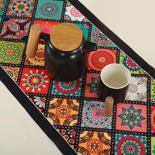 Image of Homerz Premium Runner for 6 Seater Dining Table, 13x72 inch Size, Antiskid Backing, Soft Velvety Fabric (Bohemian Square)