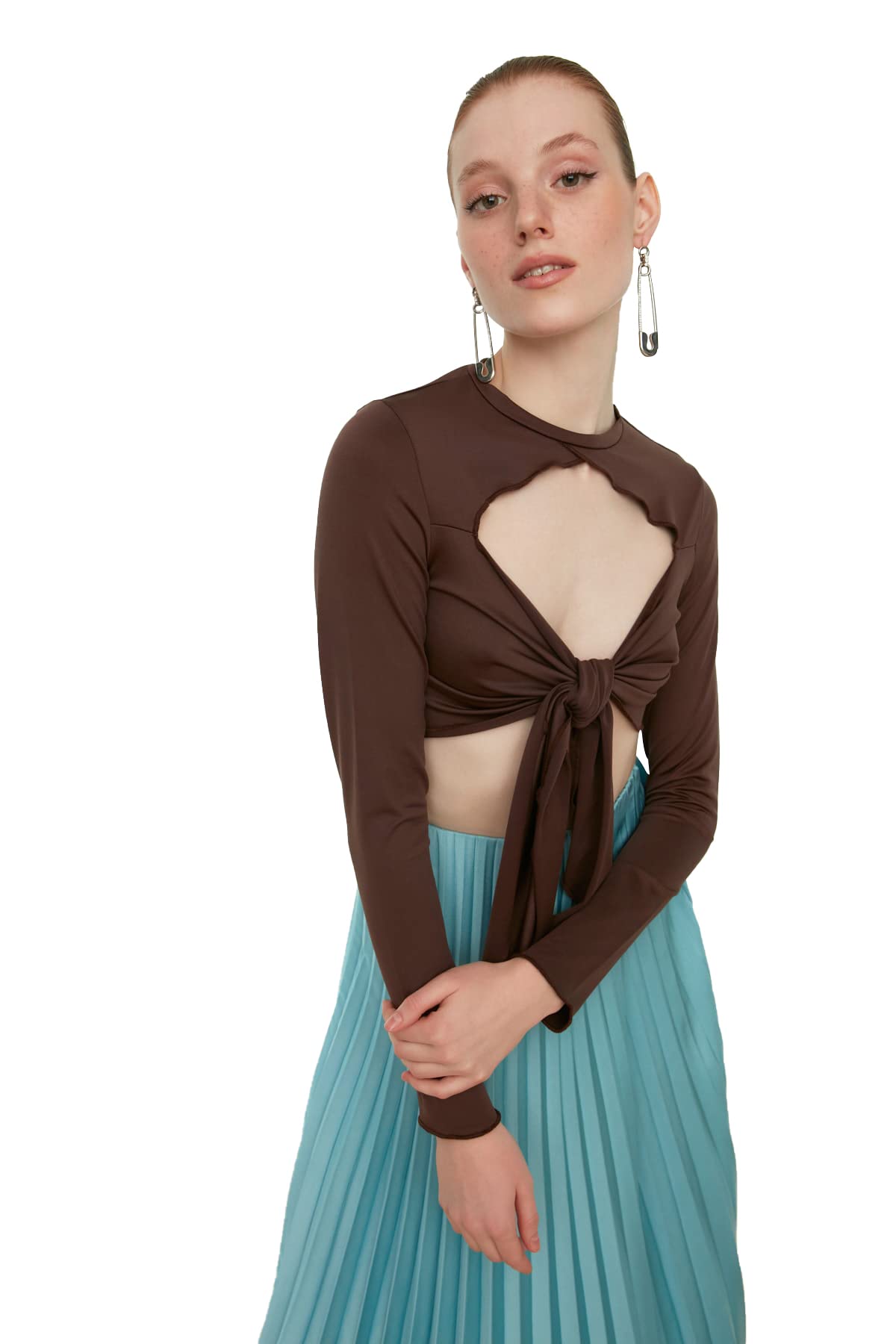 Trendyol Women Regular fit Basic Asymmetrical Collar Knit Blouse Brown