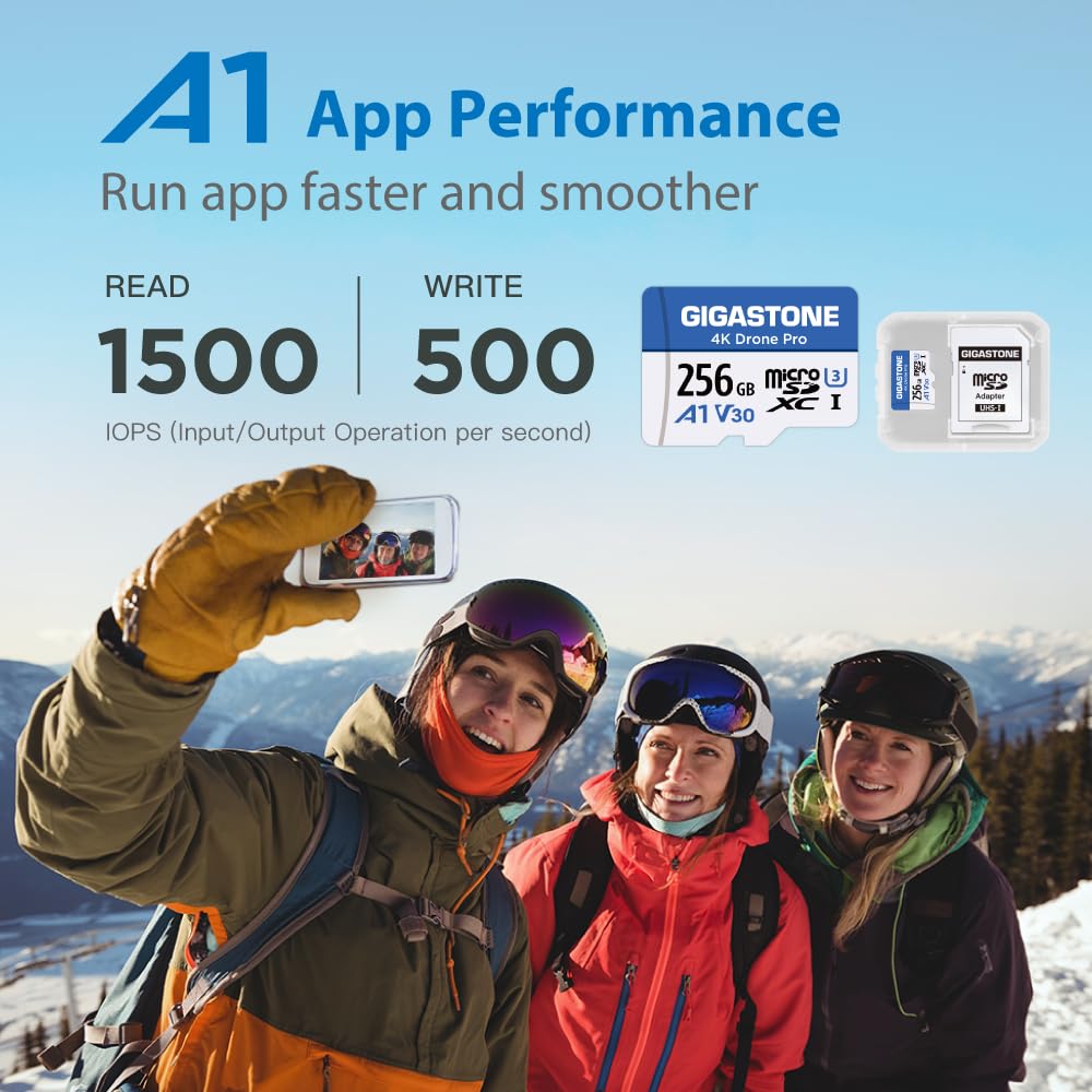 GIGASTONE Carte Micro SD 256 Go, 4K Drone Pro, MicroSDXC pour Wyze Cam, Caméra de Sécurité, Drone DJI ou Caméra d’Action, Enregistrement Vidéo 4K, UHS-I U3 A1 V30, 100 Mo/s, avec Adaptateur