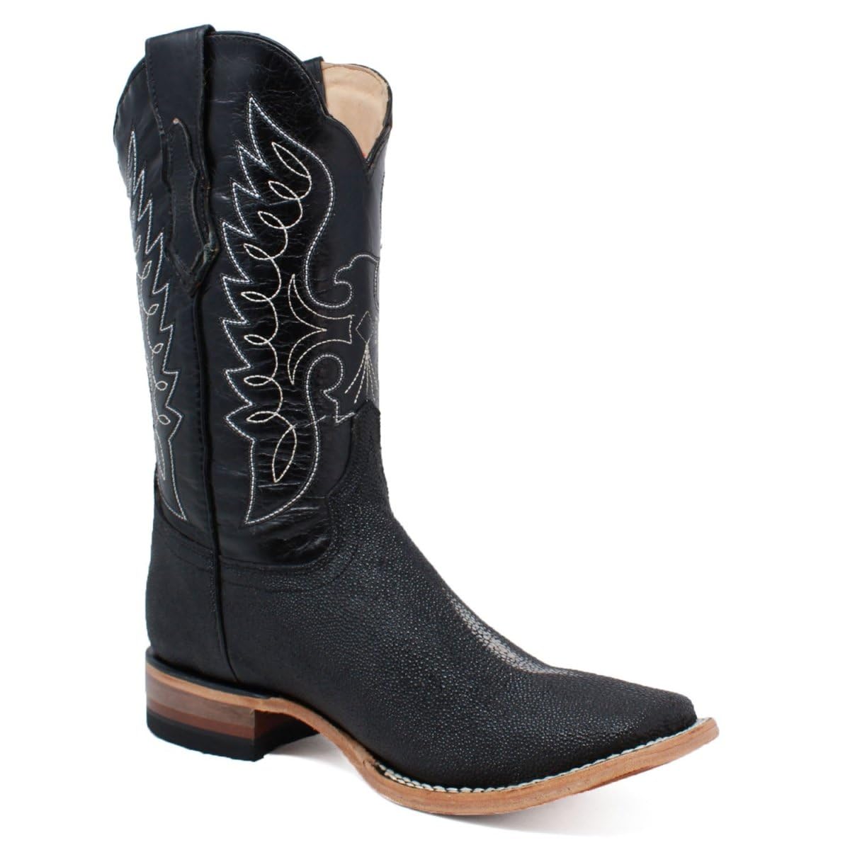 Men’s Genuine Leather Stingray Single Stone Print Square Toe Black Cowboy Western Boots
