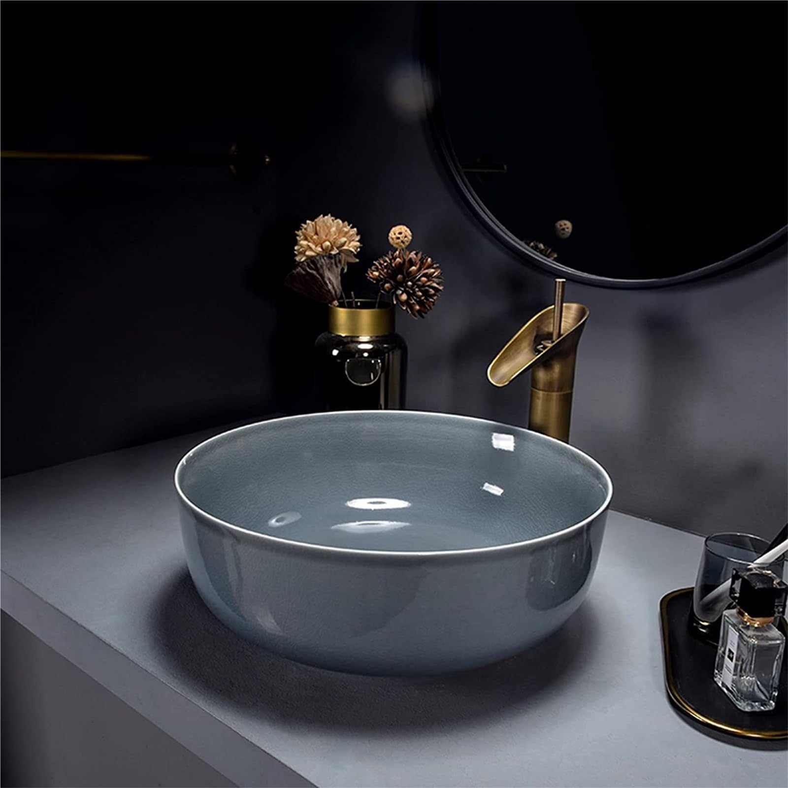 Bathroom Vessel Sink Ceramic Bathroom Sink Bathroom Vessel Sink Grey Round, Ceramic Countertop Basin Sink Smooth 42 * 42 * 14Cm, Washbasin With Faucet And Drain Combo(Grey-Basin+Accessoriesset)