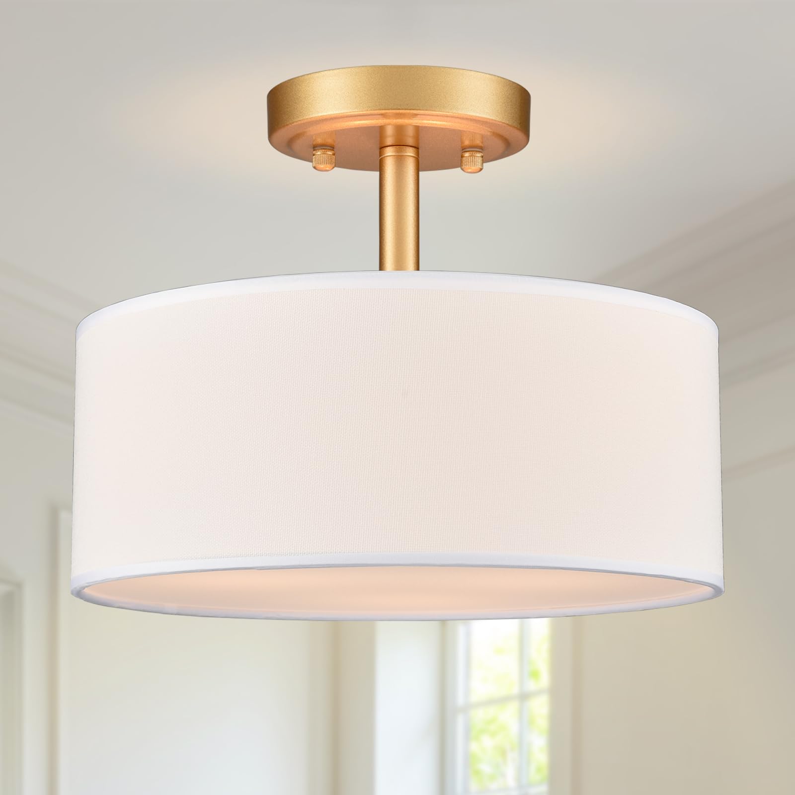 Modern Light Fixture Ceiling Mount Flush Mount Drum Ceiling Light Fixture 3 Light Gold Semi Flush Mount Ceiling Light for Hallway Bedroom Entryway Foyer Office