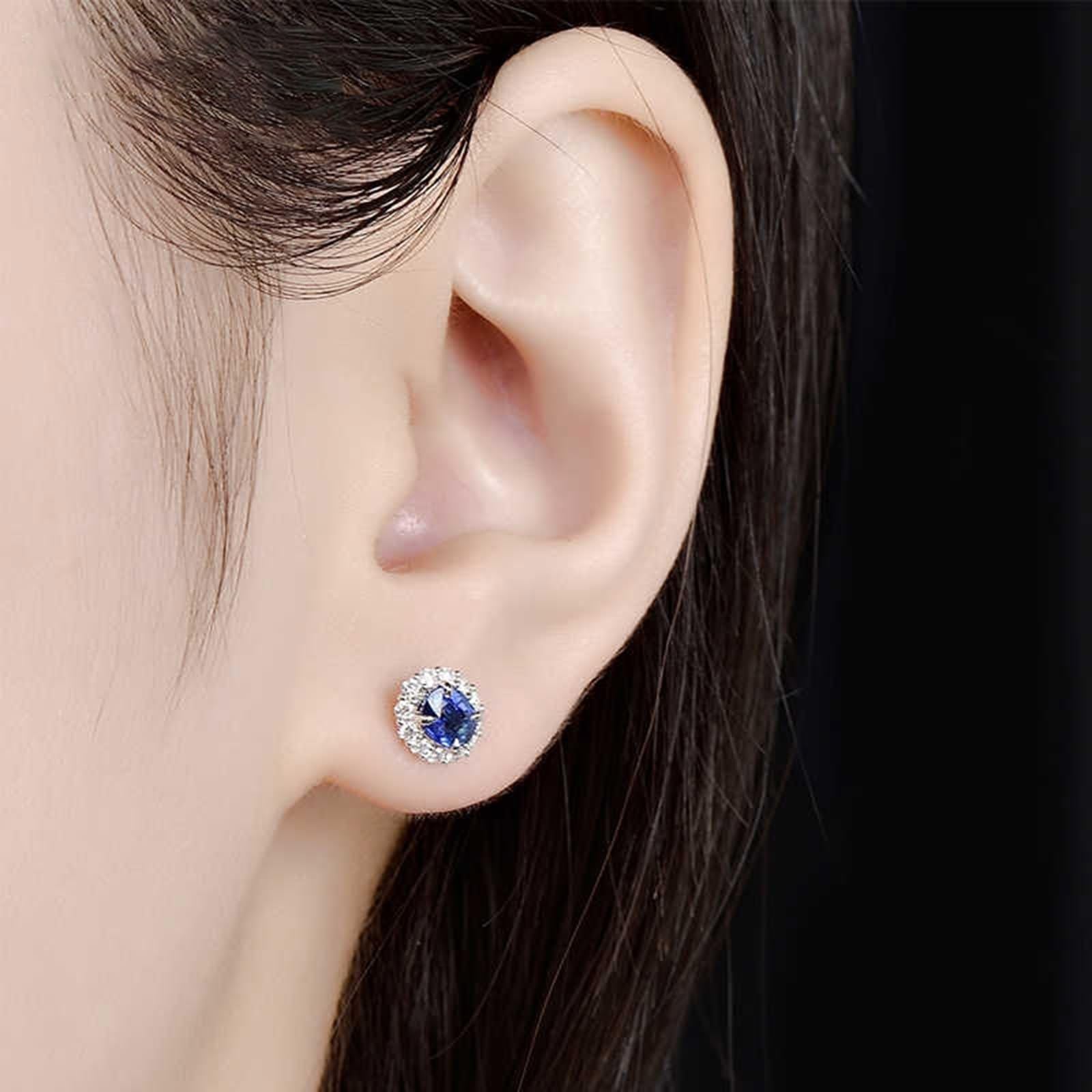 Pendientes de boda, pequeños aretes ovalados con zafiro de 0,9 quilates, oro blanco, regalos de cumpleaños para mujer