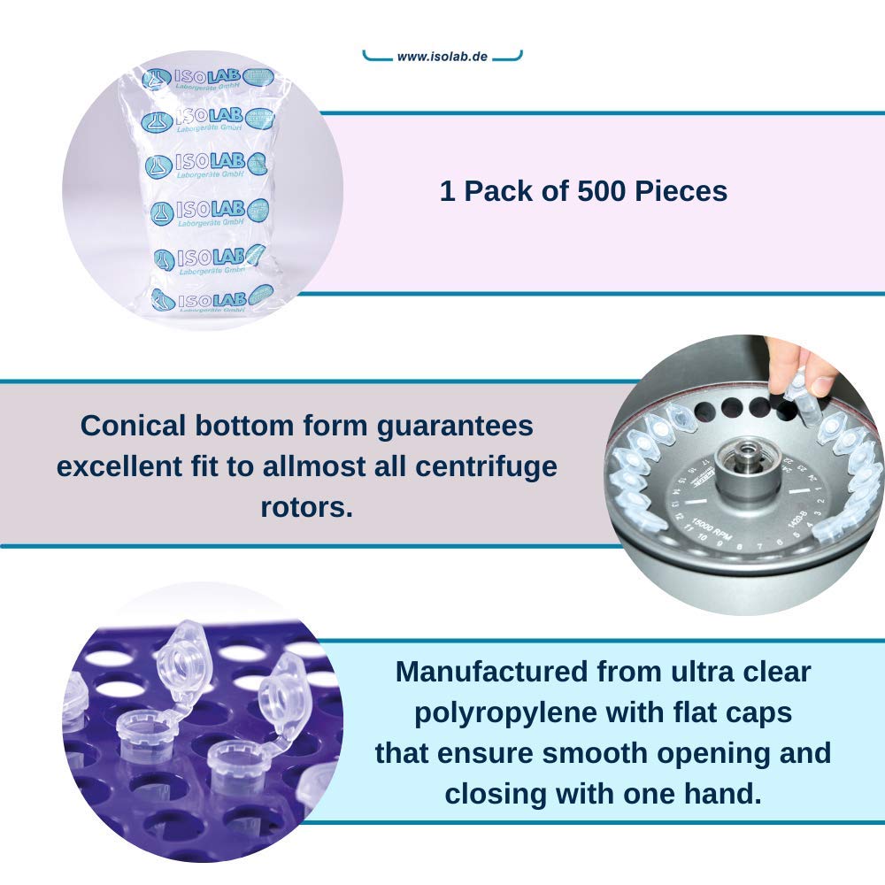 ISOLAB Lot de 500 tubes à centrifuger gradués avec couvercles à clipser - En polypropylène - 2 ml
