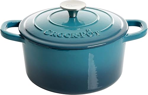 Crock-Pot Artisan - Horno holandés redondo de hierro fundido esmaltado de 3 cuartos de galón, color verde azulado degradado, utensilio de cocina