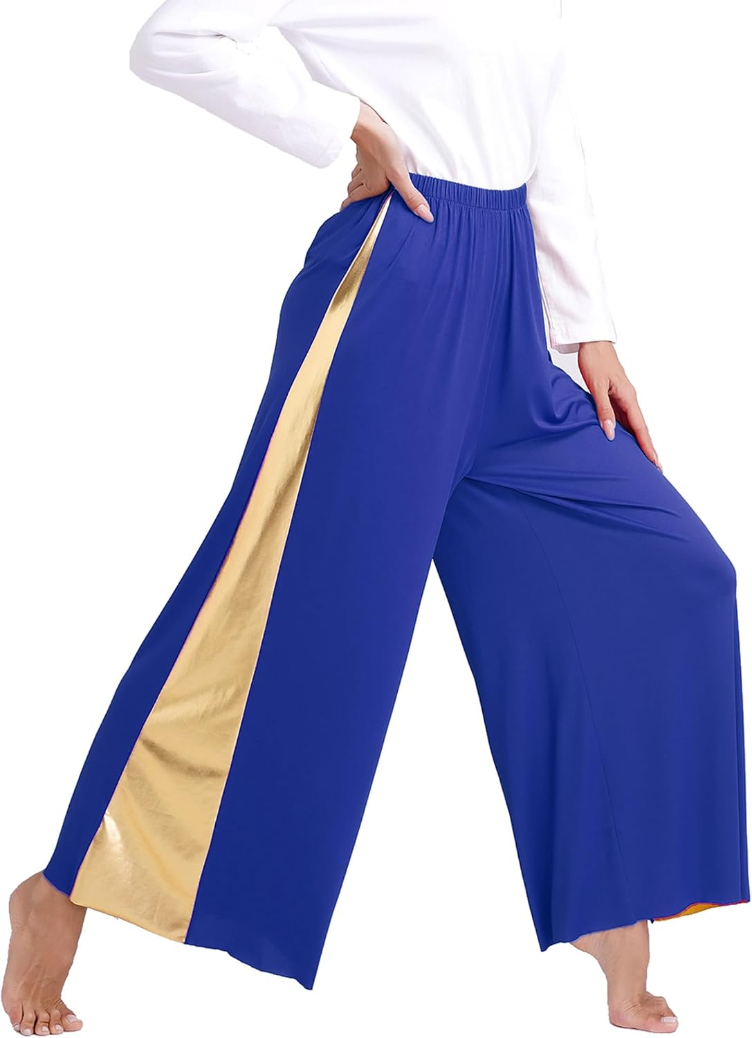 Vxuxlje Women's Praise Dance Outfits Shiny Metallic Patchwork Long Sleeve Tunic Dress with Pants