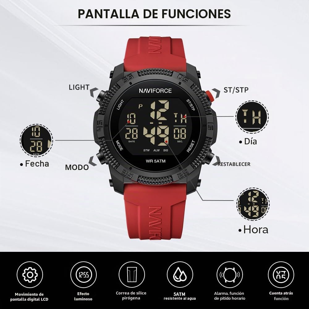 Naviforce Reloj Deportivo Digital Resistente al Agua para Hombre y Mujer, con cronómetro, Alarma y Correa de Goma