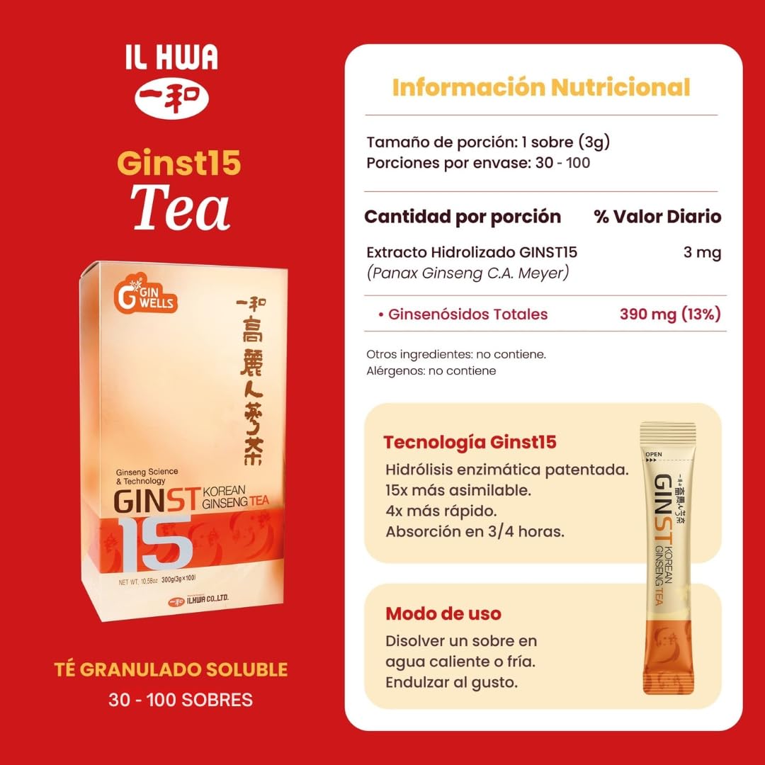 Ginseng Coreano,100 Sobres Té Soluble | 15x Más Asimilable y 4x Más Rápido | Extracto Hidrolizado IL HWA | Energía y Vitalidad | GINST15 TONGIL | Extracto Hidrolizado, 15x Más Asimilable y 4x Más Rápido, Energía y Vitalidad
