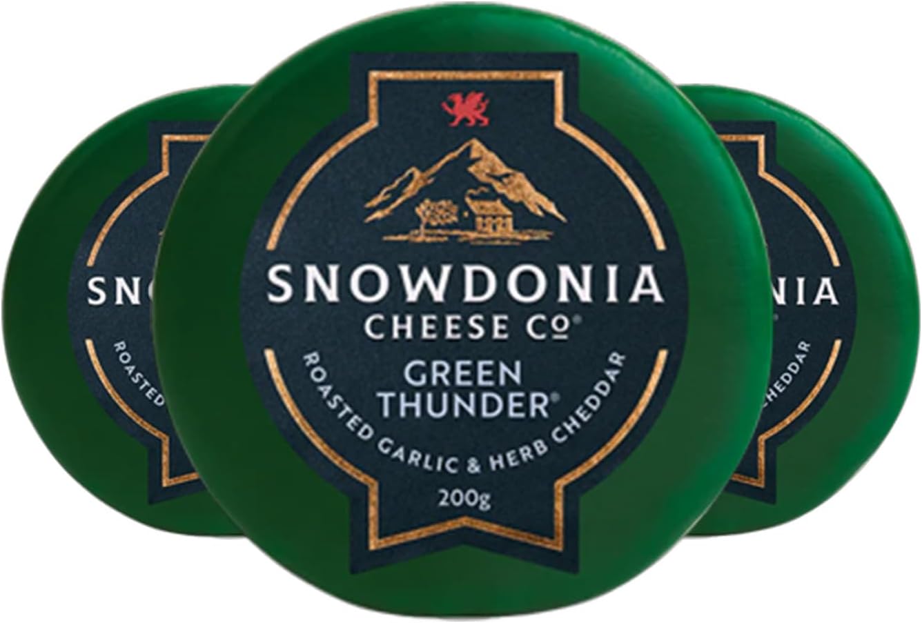 Snowdonia Cheese Company Green Thunder | Mature Cheddar with Roasted Garlic & Herbs | 3 x 200g | Vegetarian & Coeliac Friendly