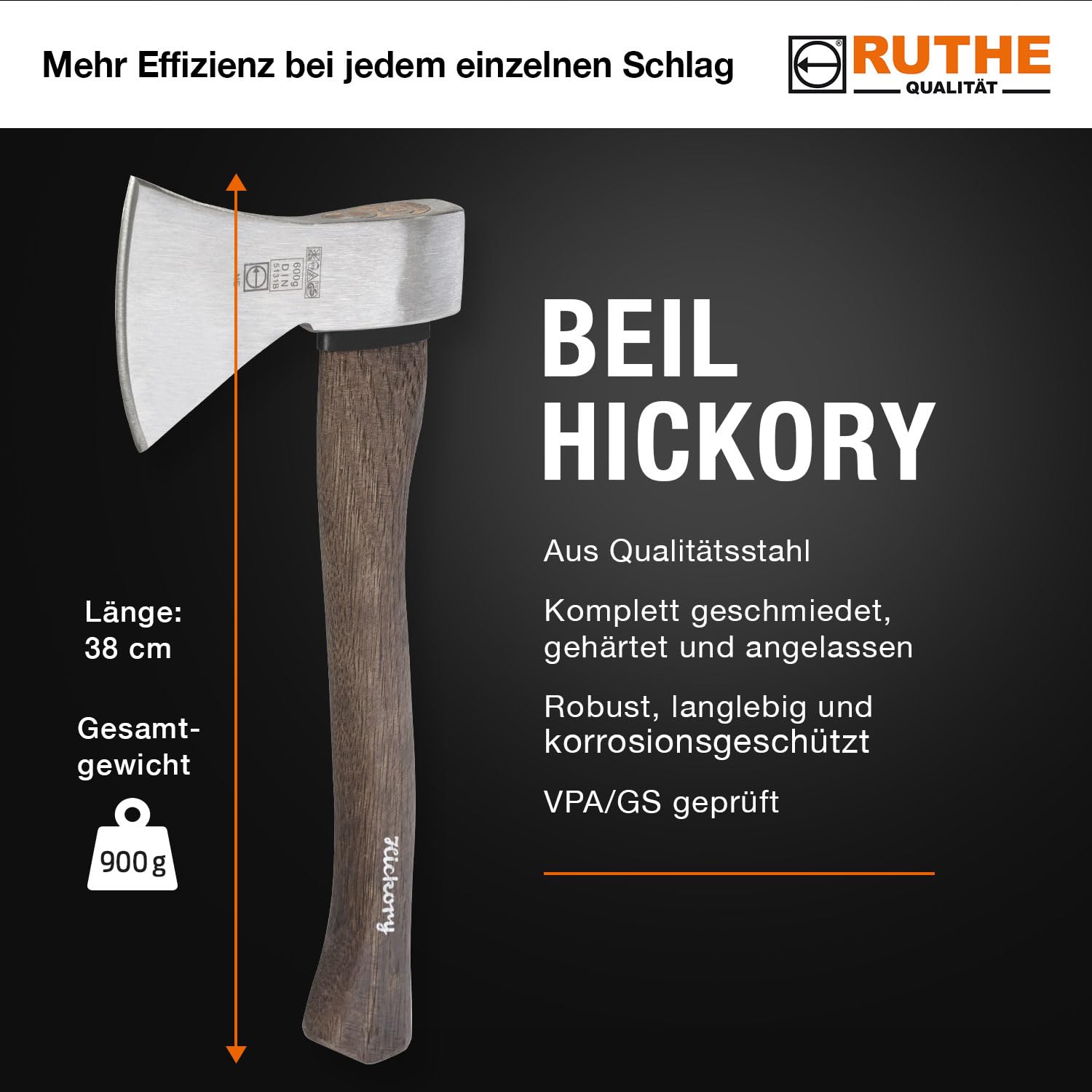 Ruthe Beil Hickory 800 g | Profi-Tool für Garten & Wald | Geschmiedet Gehärtet | DIN 5131B VPA/GS Geprüft | Ergonomischer Stiel | Gala-BAU Qualität