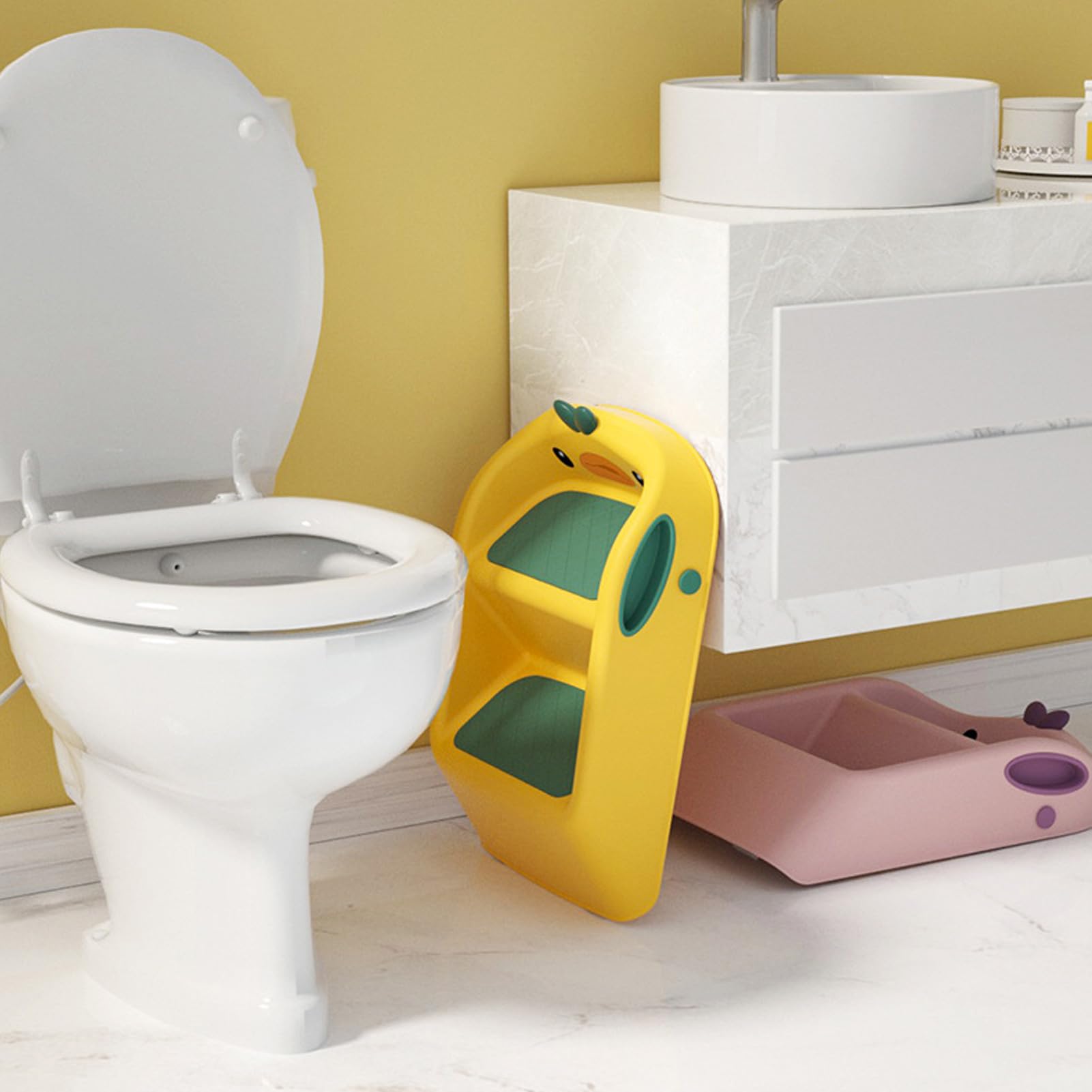 Taburete para Inodoro con Lavabo, Taburete Plegable para Niños Pequeños, Antideslizante, 3 en 1, para Baño de bebé (Yellow)