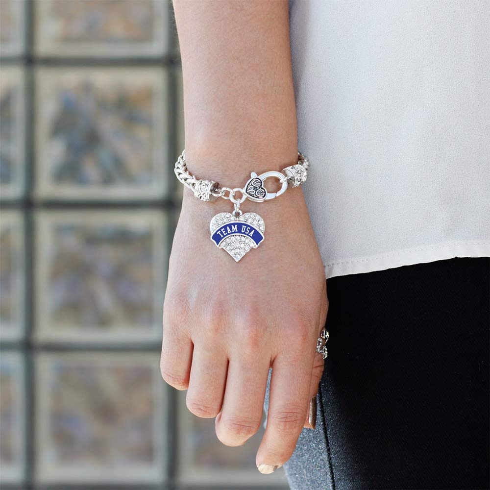 Inspired Silver - Team USA - Blue Banner - Silver Braided Bracelet for Women - Pave Heart Charm Bracelet Jewelry Gift with Cubic Zirconia - Women's Charm Bracelet with Lobster Claw Clasp